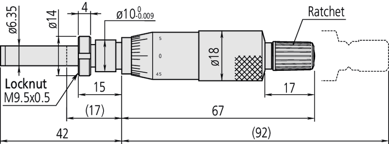 Technical Image of micrometer head, medium-sized standard 0-1", clamp nut .