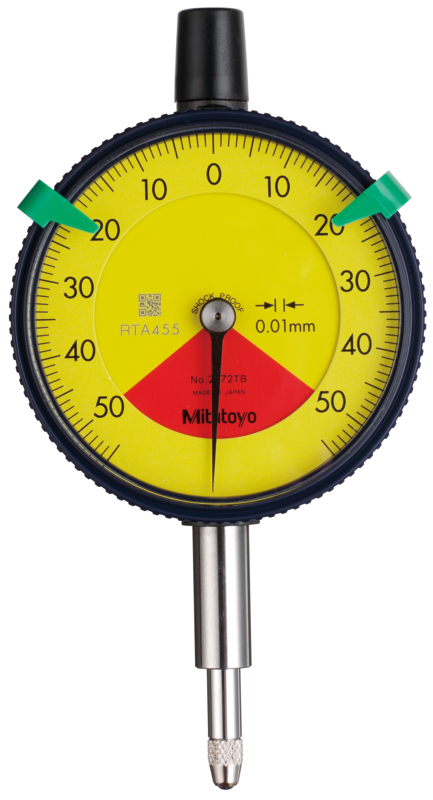 Image of dial indicator, flat back 1mm,0,01mm, one revo., dust/shockproof .
