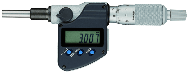 Image of digital micrometer head 0-25mm, flat spindle, 10mm plain stem .
