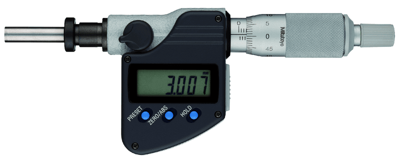 Image of digital micrometer head 0-25mm, flat, clamp nut, 10mm stem .