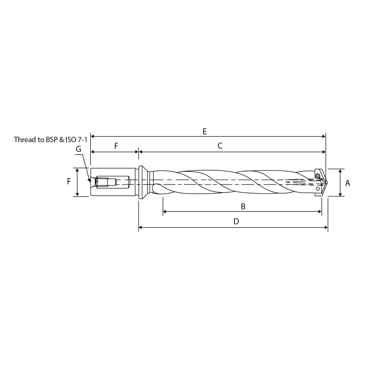 Technical image of extended spiral flute straight shank spade drill holder.