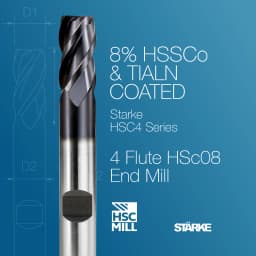 Starke HSC 4 flute tialln coated HSS milling cutters overview.