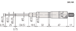 Technical Image of groove micrometer, non-rotating spindle 0-25mm,6,35mm flange .
