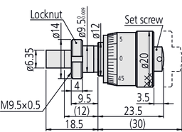 Technical Image of micrometer head, large thimble type thimble d=20mm, 0-6,5mm, clamp nut .