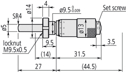 Technical Image of micrometer head, small standard type 0-13mm, clamp nut, spherical spindle .