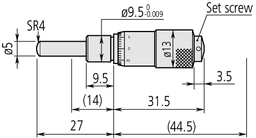 Technical Image of micrometer head, small standard type 0-0,5", spherical spindle .