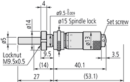 Technical Image of micrometer head, small standard type 0-13mm, clamp nut, spi. lock, rev. rea. .