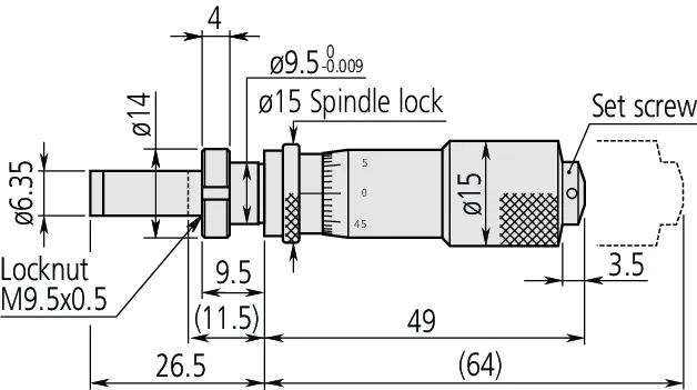 Technical Image of micrometer head carbide-tipped 0-0,5", clamp nut, spindle lock .