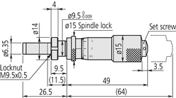 Technical Image of micrometer head carbide-tipped 15mm, clamp nut, spindle lock .