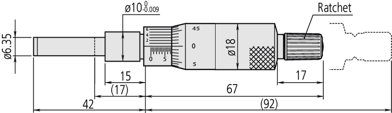 Technical Image of micrometer head, medium-sized standard 0-1", reverse reading .