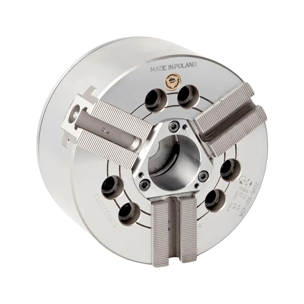 Bison 2405 3-Jaw Power Chuck with Through Hole - 90 Degree Serration - DIN 6353