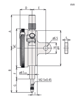 Technical Image of dial indicator, flat back 0,8mm,0,01mm, one revo., dust/shockpr. .