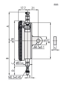 Technical Image of dial indicator, flat back 10mm,0,01mm .