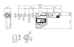 Technical Image of digital micrometer head, non rot., ip65 0-25mm, flat spindle, 12/18mm plain stem .