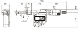 Technical Image of digital micrometer head, ip65 0-25mm, flat spindle, cla. nut, m12 stem .