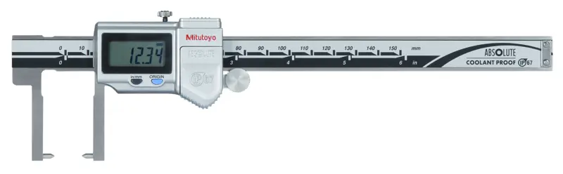 Image of digital abs neck point jaw caliper inch/metric, 0-6", ip67, thumb roller .