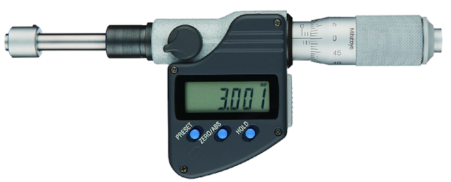 Image of digital micrometer head, non rot., ip65 0-25mm, flat spindle, 12/18mm plain stem .