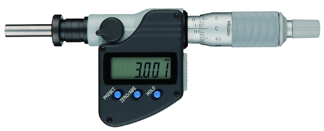Image of digital micrometer head, ip65 0-25mm, flat spi., clamp nut, 12mm stem .